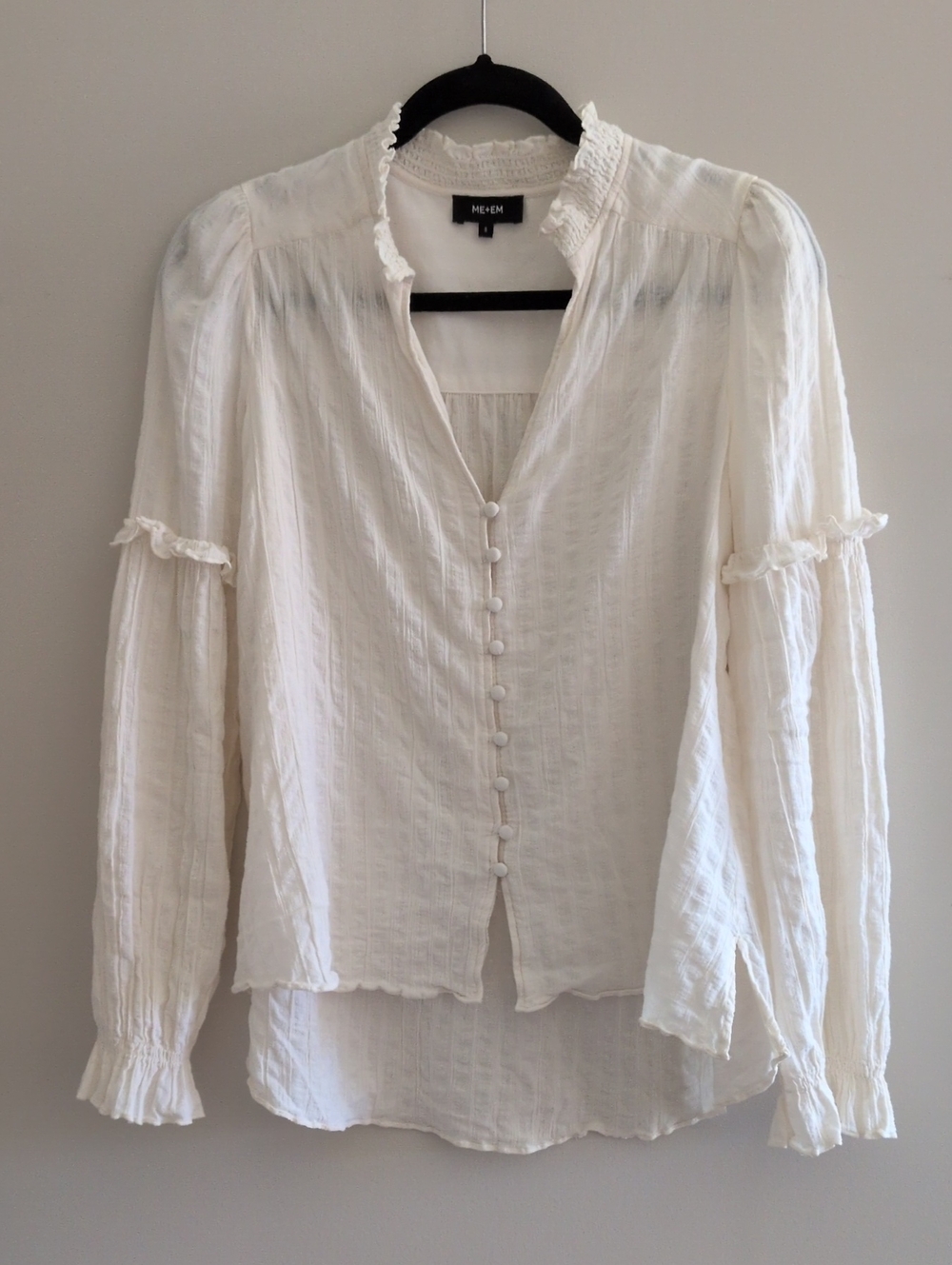 ME+EM Cream Seersucker Ruffled Button-Front Peasant Blouse Size 8 Medium